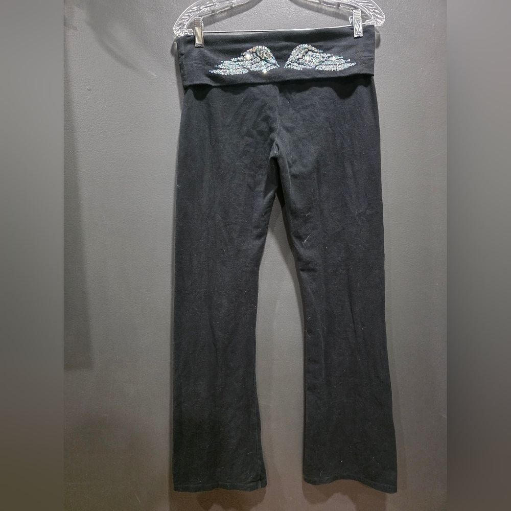 Victoria's Secret Vtg Foldover Yoga Pants Flare Rhinestone Wings M Black